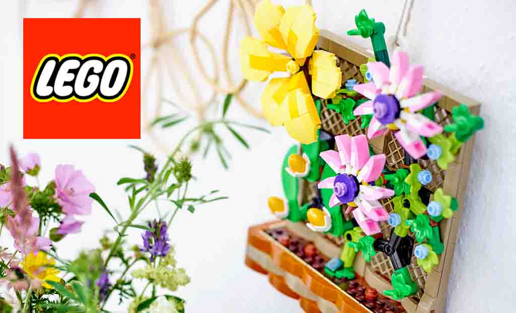Lego logo placed over an image of a lego flower outside