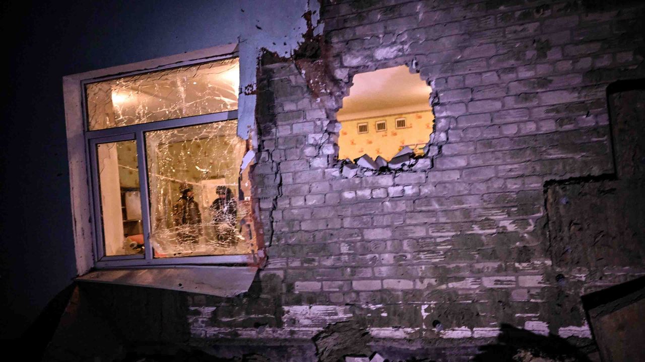 A photograph shows debris after the reported shelling of a kindergarten in the settlement of Stanytsia Luhanska, Ukraine, on Feb. 17.