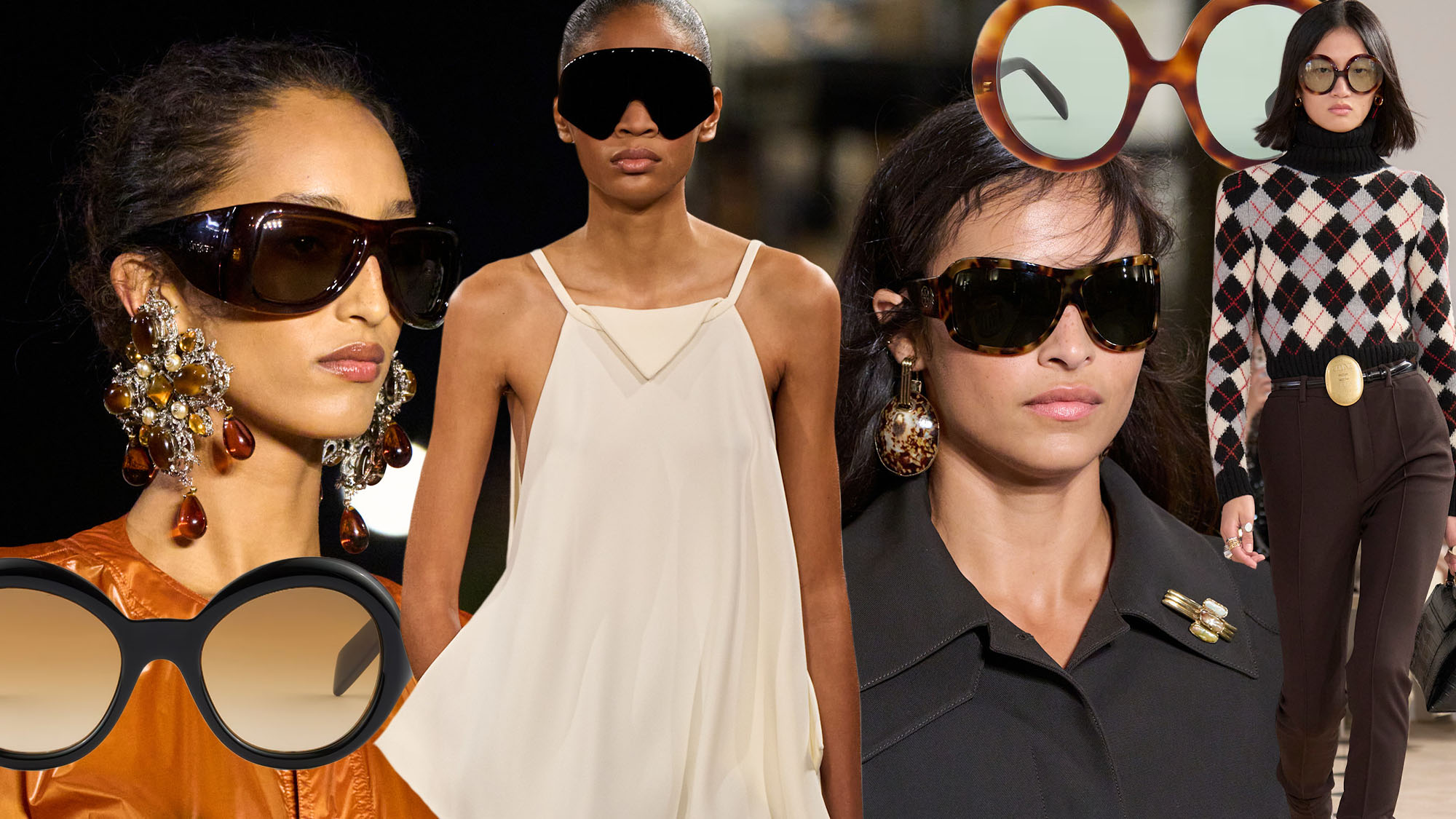 Photo collage of several designer luxury brands using bug-eye sunglasses on the runway.