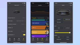 three screenshots from the tribit app showing EQ customization