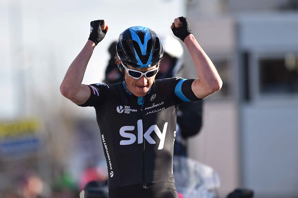 Geraint Thomas celebrates his E3 win.