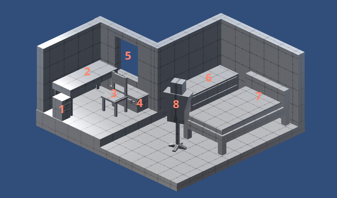 A blockout of an isometric room in a video game