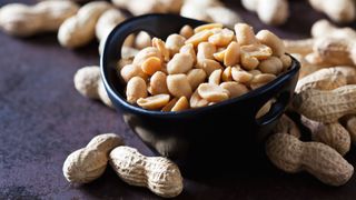 Can dogs eat peanuts? Bowl of peanuts and peanuts in their shell