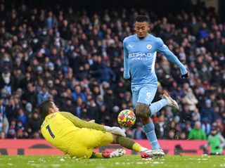 Manchester City’s Gabriel Jesus (right) attempts a shot on goal during the Premier League match at the Etihad Stadium, Manchester. Picture date: Sunday November 28, 2021
