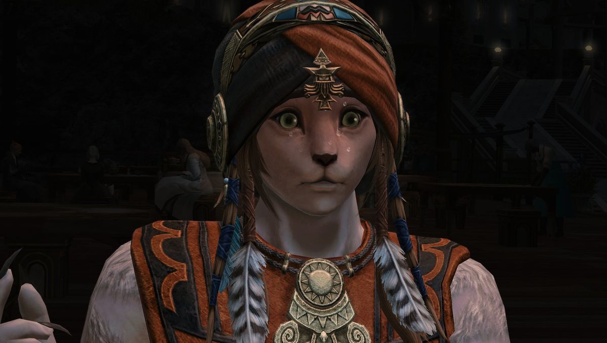 Wuk Lamat sweats in a cutscene from Final Fantasy 14&#039;s 6.55 patch