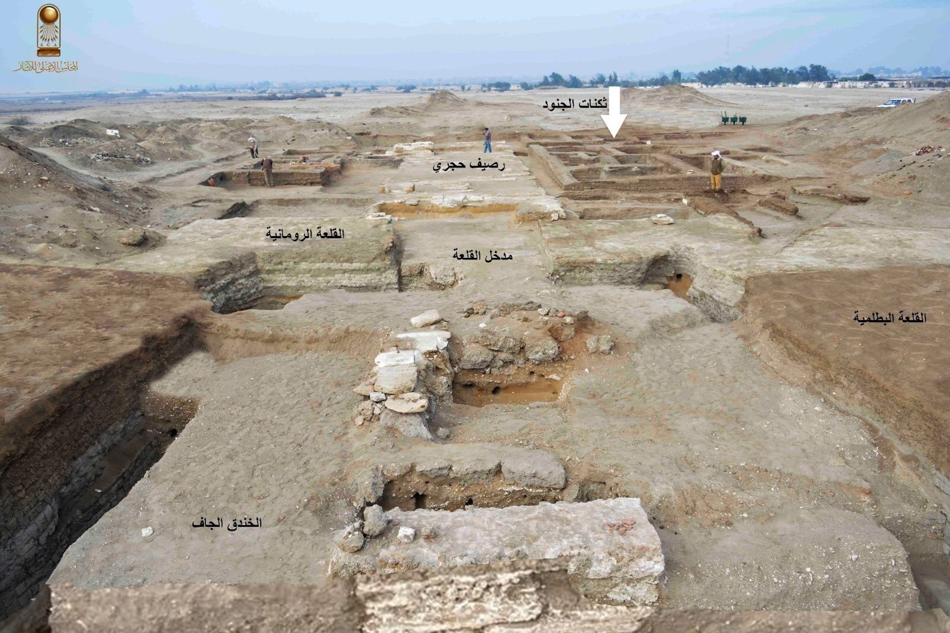 an aerial view of an excavated fortress
