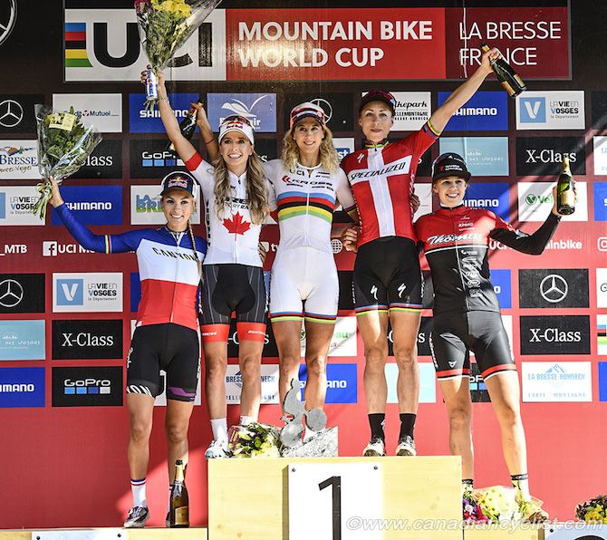 The women's podium (L to R): Pauline Ferrand Prevot, Emily Batty, Jolanda Neff, Annika Langvad, Alessandra Keller