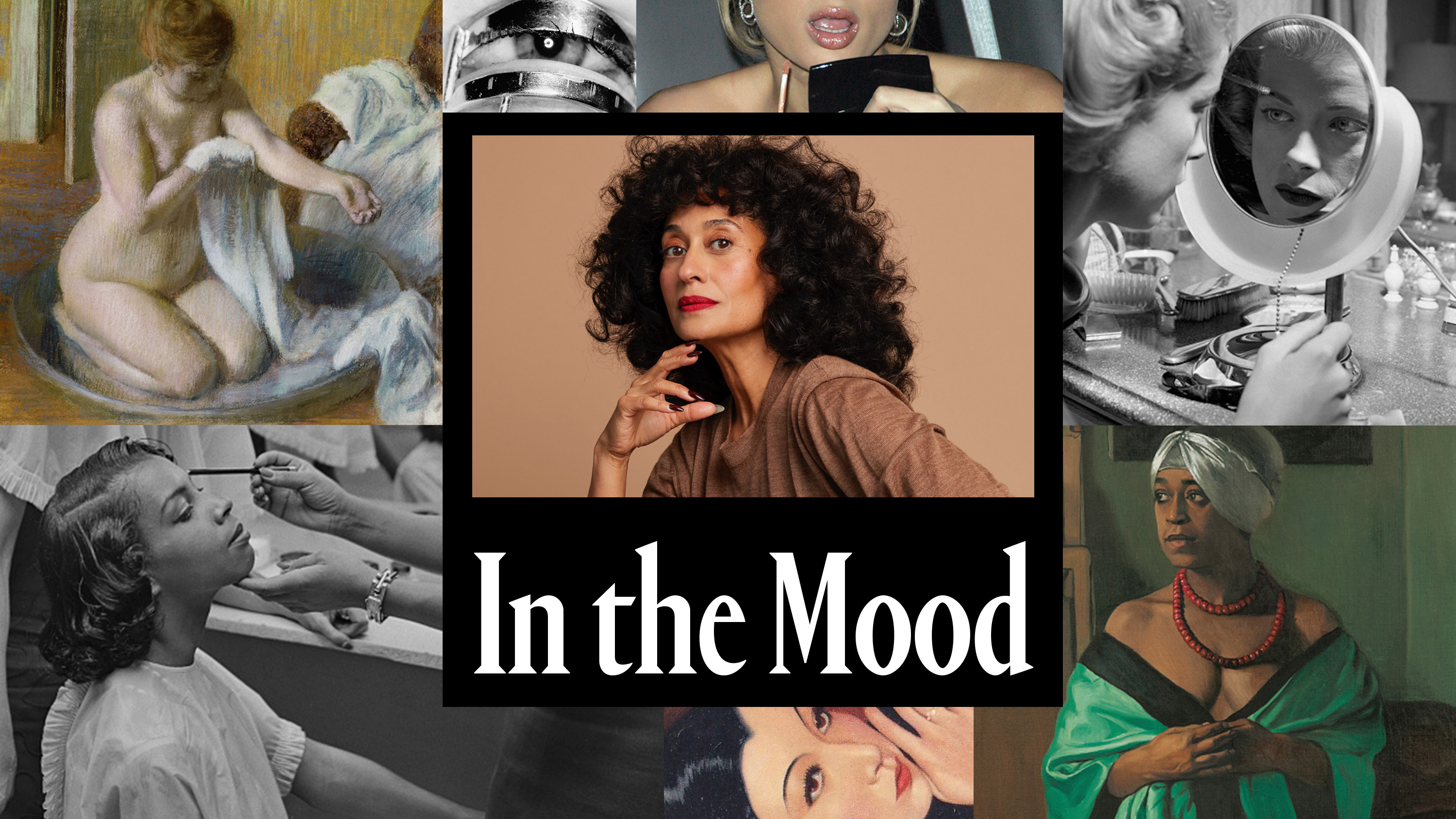 A woman with curly hair in the middle of a collage that features pictures of various women getting ready. 