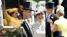 3 pictures of the royal family at the races. L-R: Queen Elizabeth at Epsom Derby 1988, The Prince and Princess of Wales at Royal Ascot in 2022, Prince Harry and Zara tindall joking at Royal Ascot in 2015.