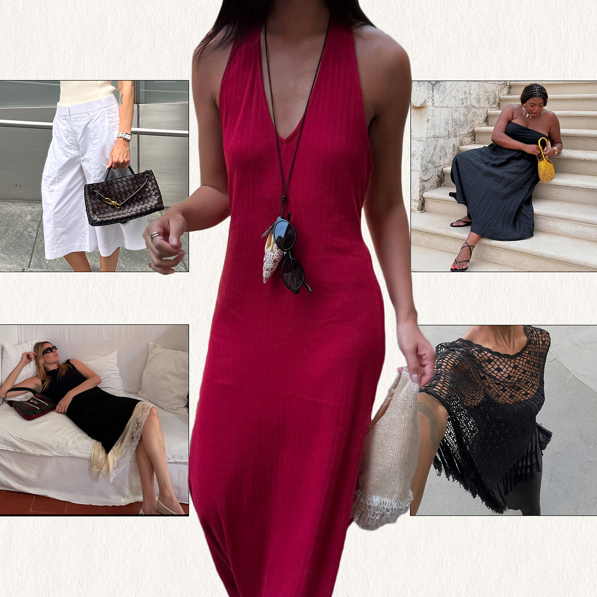 A collage featuring various runway and street style photos of women wearing summer 2025 trends. 