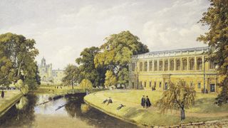 Pretty illustration of Bradford Rudge (1805-1885) English school Trinity College at Cambridge University. Here we see scholars dressed in black gowns wandering on the green grass banks of the River Cam and weeping willow trees.