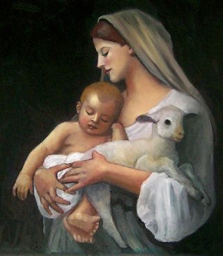 Here, a copy of William Bouguereau's "L'Innocence" painting, depicting the Virgin Mary holding baby Jesus.