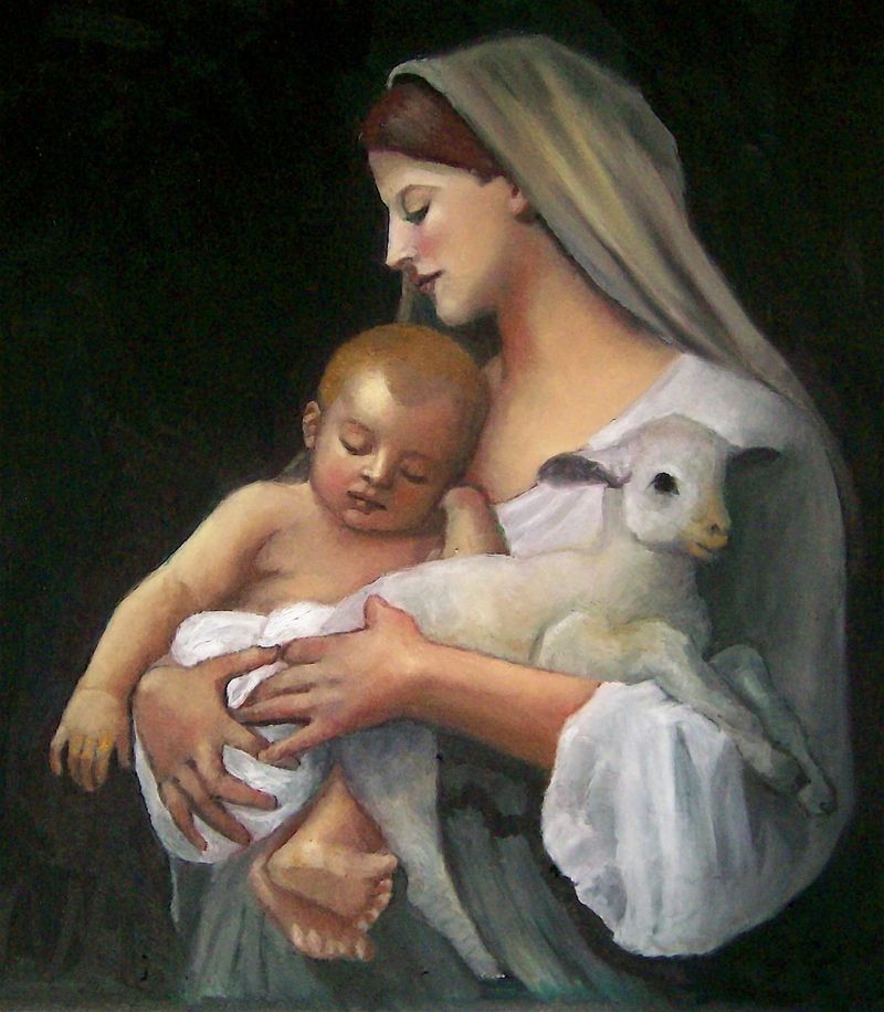 Here, a copy of William Bouguereau&#039;s &quot;L&#039;Innocence&quot; painting, depicting the Virgin Mary holding baby Jesus.