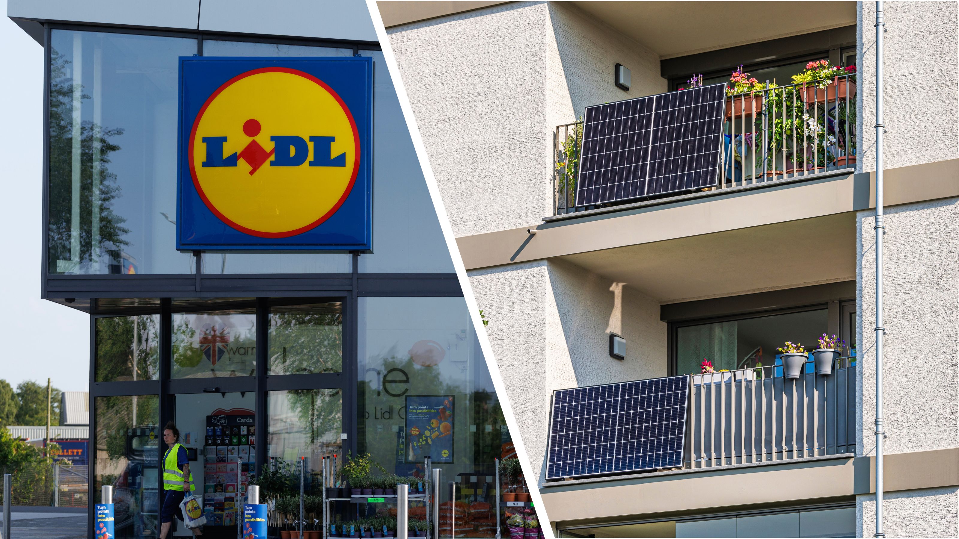 Spliced image showing the exterior or a Lidl store and plug-in solar panels installed on balconies in Germany