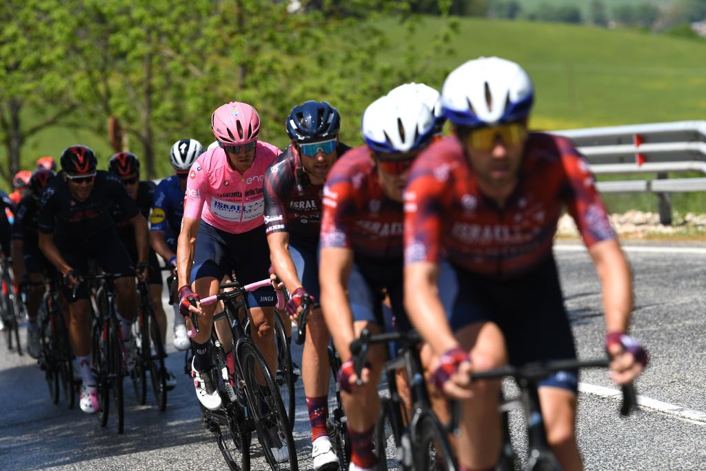 ASCOLI PICENO SAN GIACOMO ITALY MAY 13 Alessandro De Marchi of Italy and Team Israel StartUp Nation Pink Leader Jersey and Teammates during the 104th Giro dItalia 2021 Stage 6 a 160km stage from Grotte di Frasassi to Ascoli Piceno San Giacomo 1090m girodiitalia Giro UCIworldtour on May 13 2021 in Ascoli Piceno San Giacomo Italy Photo by Tim de WaeleGetty Images