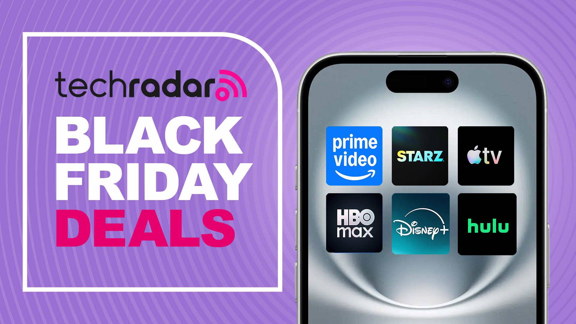 A phone with several streaming service logos next to the words 'Black Friday deals' 