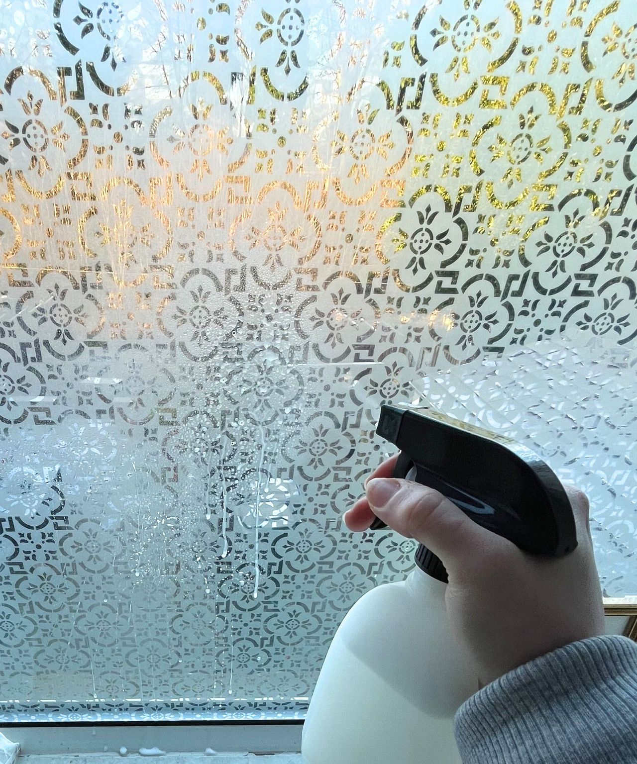 Cleaning a pattered bathroom window with a spray bottle and a window vacuum