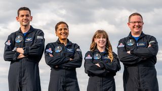 The Inspiration4 crew set to launch on SpaceX's private orbital mission pose or a group photo ahead of their September 2021 launch. They are (from left): Shift4 entrepreneur Jared Isaacman, geoscientist Sian Proctor, bone cancer survivor Hayley Arceneaux and data engineer Chris Sembroski.