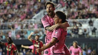 Inter Miami forward Lionel Messi (10) celebrates a goal by Inter Miami midfielder Matías Rojas (7) in the first half during the match between Atlanta United and Inter Miami CF on Saturday, November 9, 2024 at Chase Stadium in Fort Lauderdale, Fla.