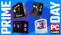 Four gaming PCs on a custom PC Gamer Prime Day background.