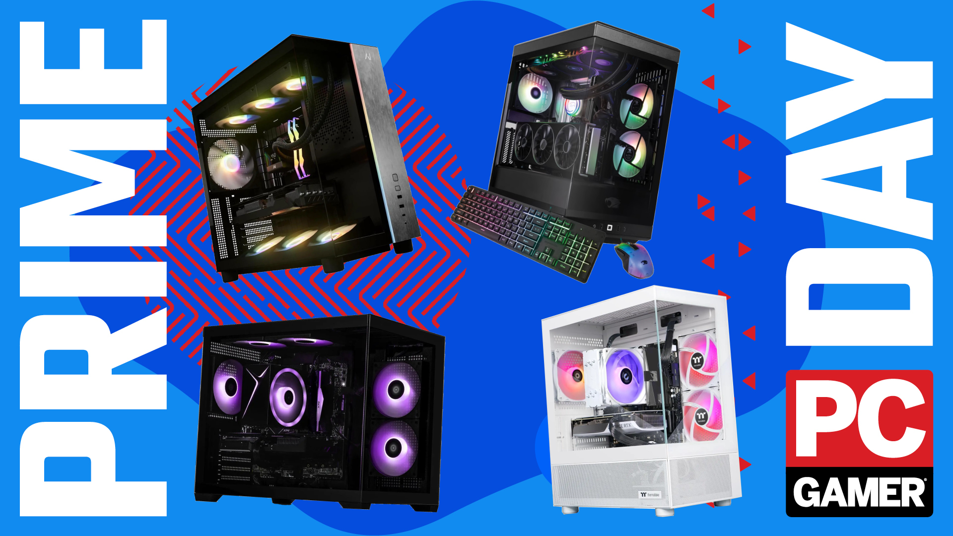 Four gaming PCs on a custom PC Gamer Prime Day background.