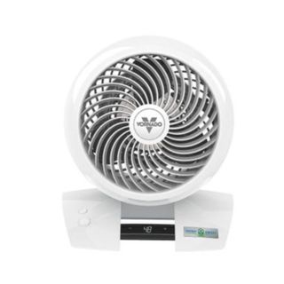 A white circular fan with gray fans in the middle of it, and a white base with buttons and a black display screen on it