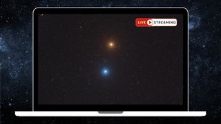 red mars above and blue regulus below shine brightly on a graphic of a laptop screen with a background of stars