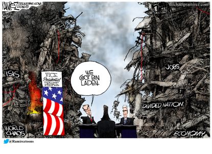 Political cartoon U.S. 2016 election VP debate Tim Kaine Mike Pence Bin Laden