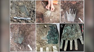 Six images taken during the excavation process of a bronze hand trinket.