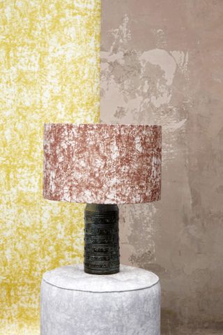 Rust and white coloured lampshade, yellow and white textured draping