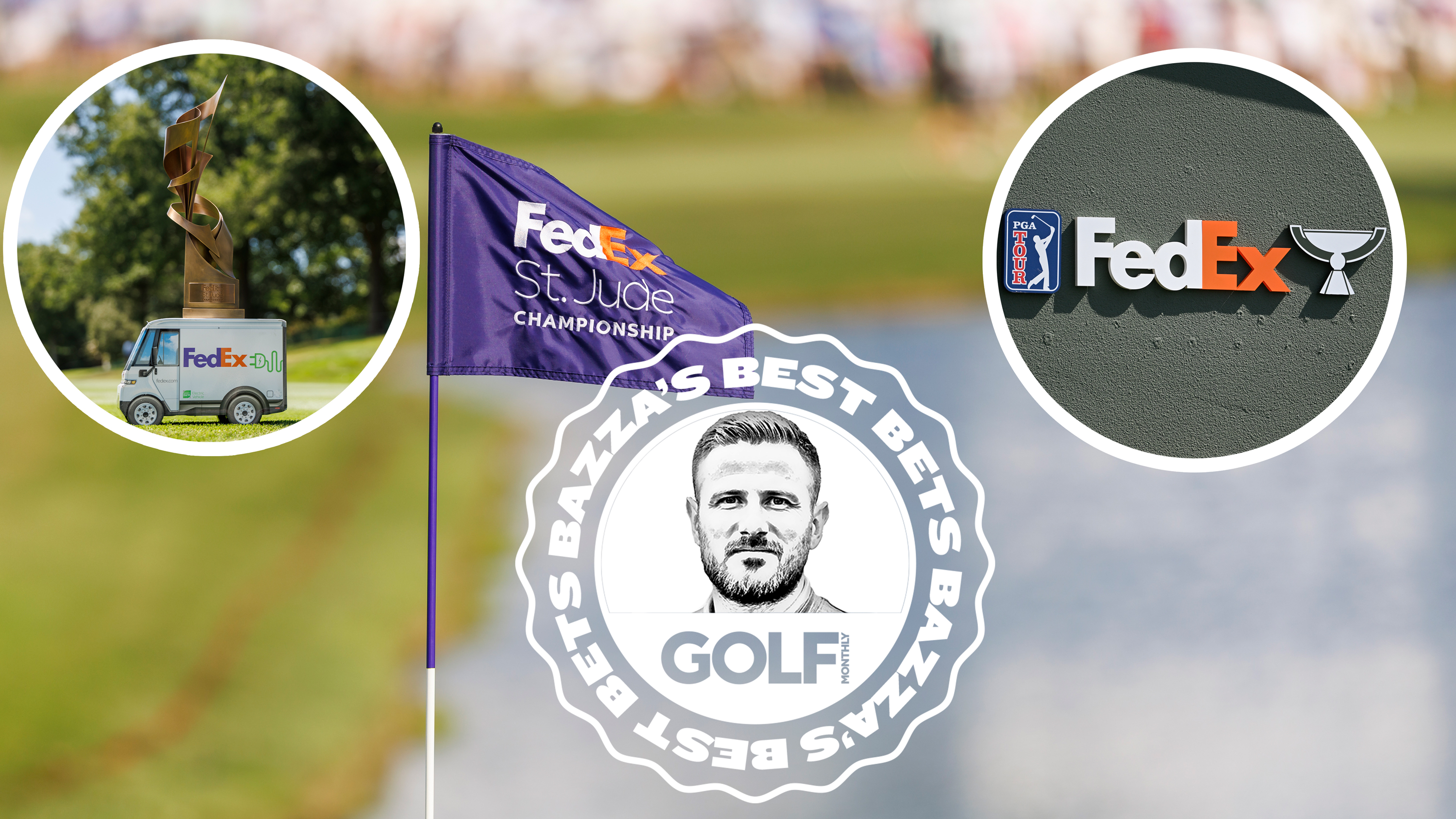 Bazza&#039;s best bets badge in front of a FedEx St. Jude Championship flag on the green, with inset images of the FedEx Cup logo and the FedEx St. Jude Championship trophy