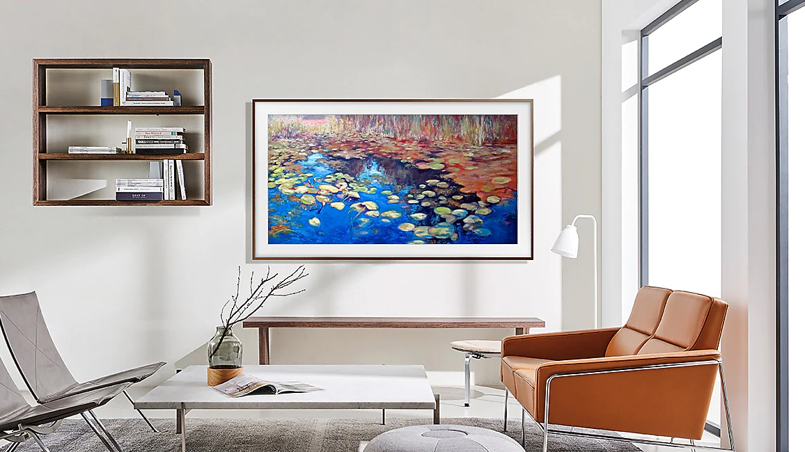 Samsung The Frame 2022 showing off a painting of a lake