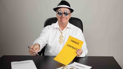 Photo of a man with dollar signs on his eyeglasses holding a contract and a pen out