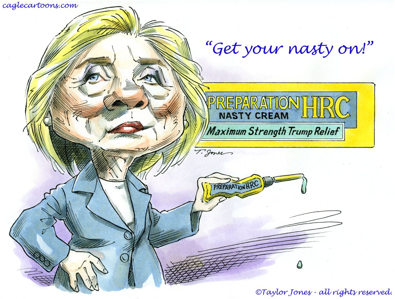 Political cartoon U.S. 2016 election Donald Trump Hillary Clinton nasty woman