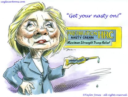 Political cartoon U.S. 2016 election Donald Trump Hillary Clinton nasty woman