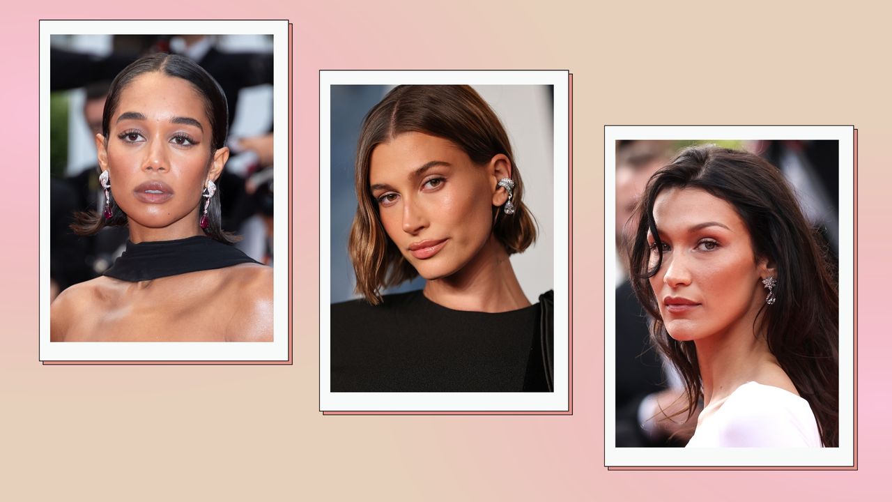 Laura Harrier, Hailey Bieber and Bella Hadid pictured with bronzy, &#039;Latte makeup&#039; in a pink and cream template