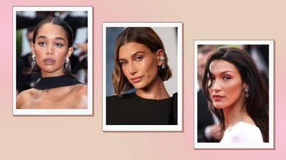 Laura Harrier, Hailey Bieber and Bella Hadid pictured with bronzy, 'Latte makeup' in a pink and cream template
