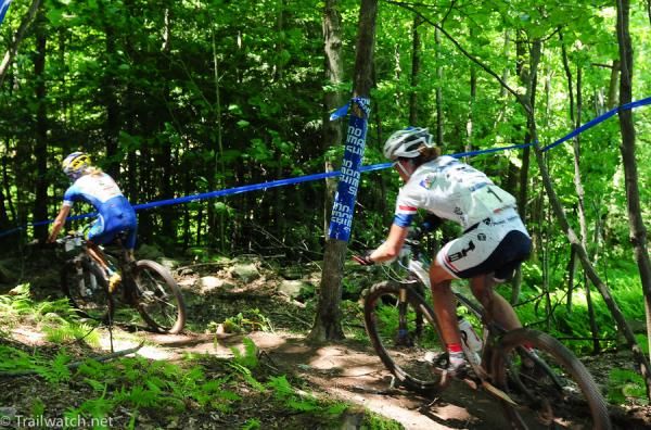 Julie Bresset (BH-Suntour) chasing Pendrel through the woods