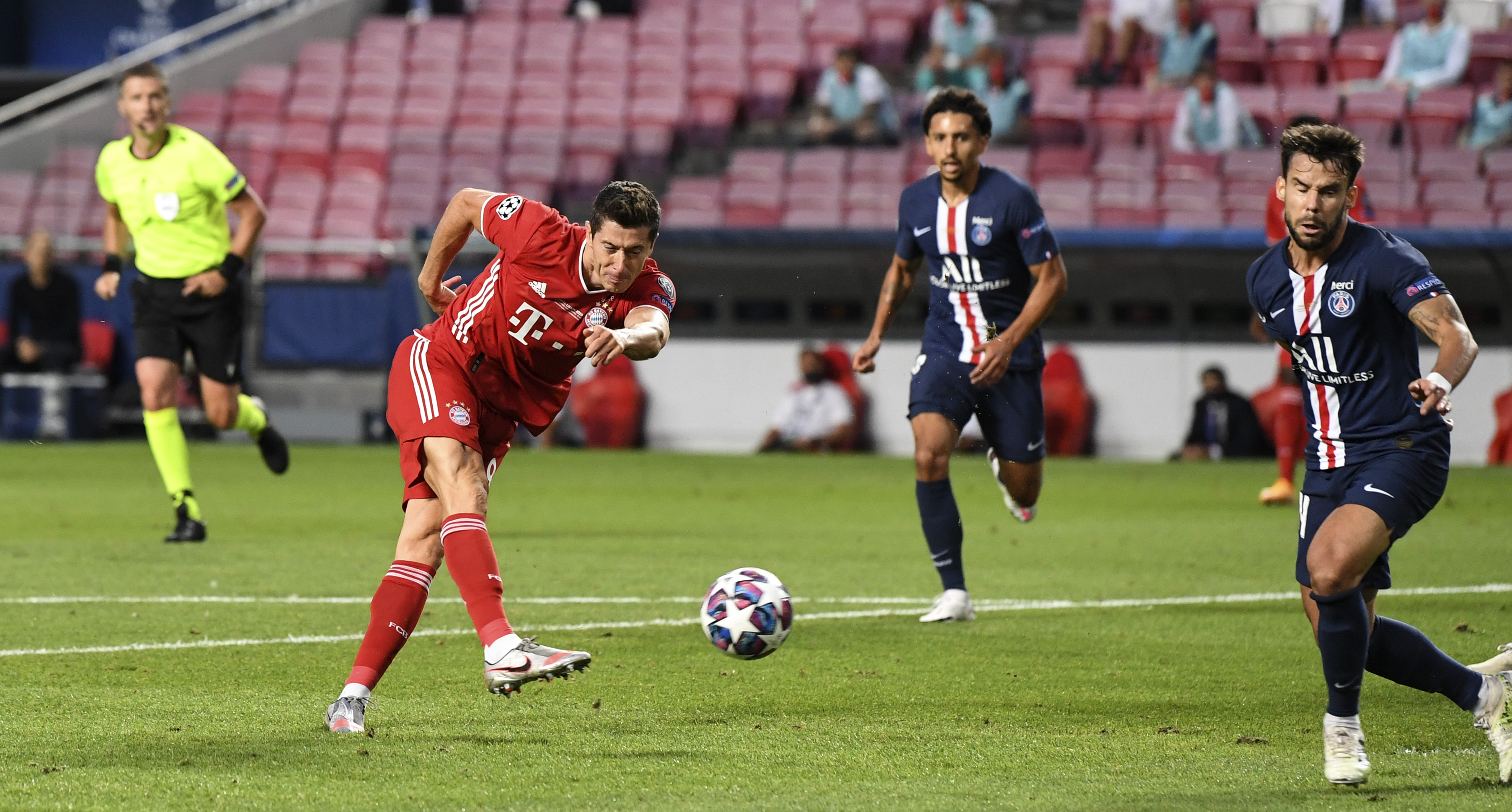 Robert Lewandowski was denied by the post in the first half