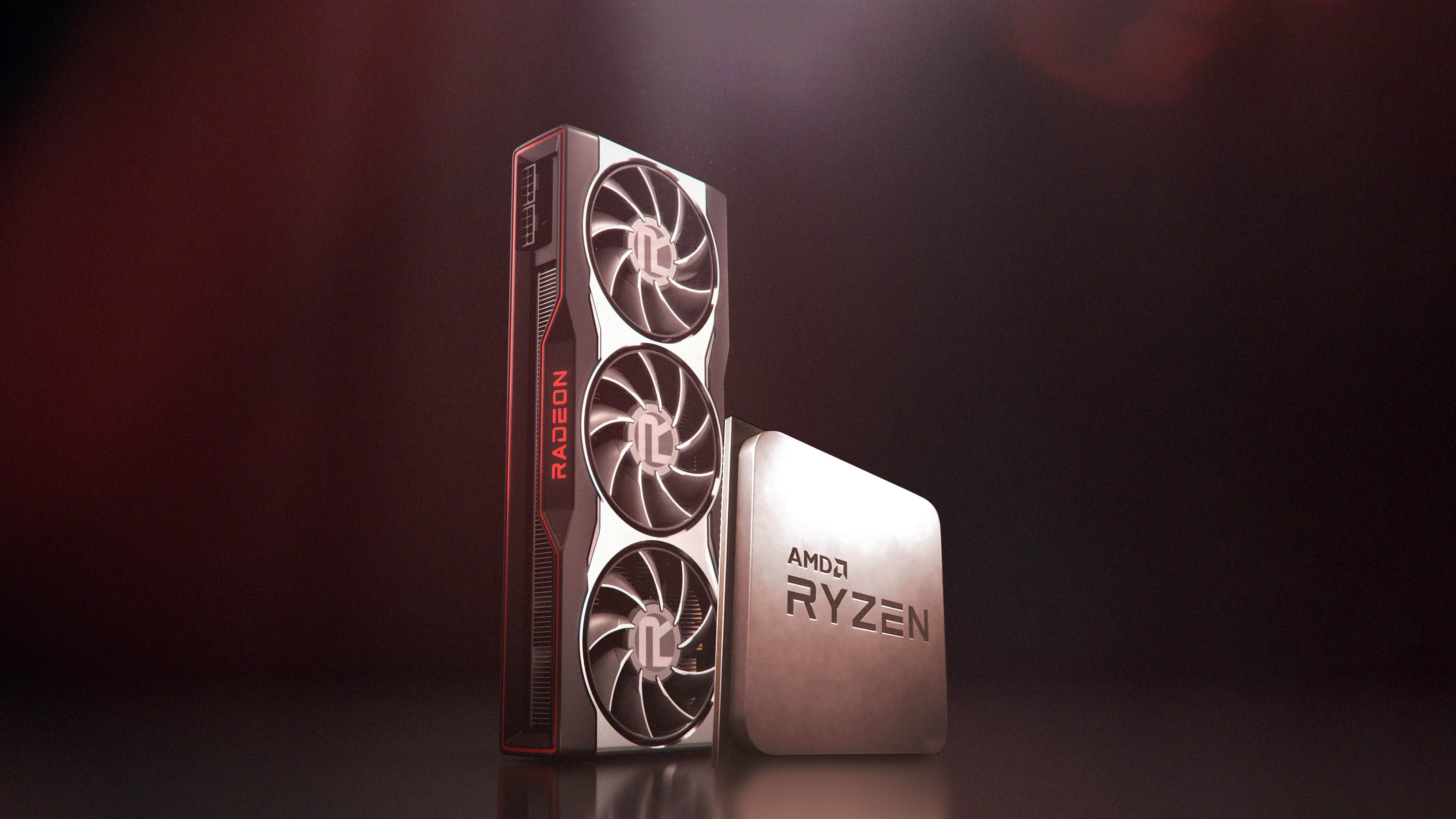 AMD RX 6000-series GPU next to render of a Ryzen CPU on dark red background