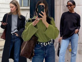 fashion collage featuring three style influencers including Clara Dyrhauge, Jessica Skye, and Sylvie Mus wearing crewneck sweater and jeans outfits