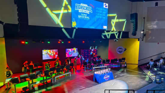 The Cass High School Esports Arena with bright neon lights ready for competition to begin. 