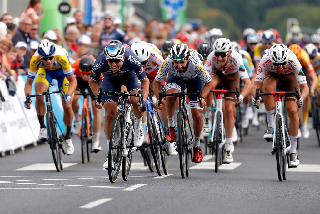 MAMER LUXEMBOURG SEPTEMBER 16 LR Arne Marit of Belgium and Team Sport Vlaanderen Baloise Sacha Modolo of Italy and Team AlpecinFenix Edvald Boasson Hagen of Norway and Team Total Energies Eduard Michael Grosu of Romania and Team Delko and Andrea Vendrame of Italy and AG2R Citren Team sprint at finish line during the 81st SkodaTour De Luxembourg 2021 Stage 3 a 1893km stage from MondorfLesBains to Mamer 300m skodatour skodatour on September 16 2021 in Mamer Luxembourg Photo by Bas CzerwinskiGetty Images