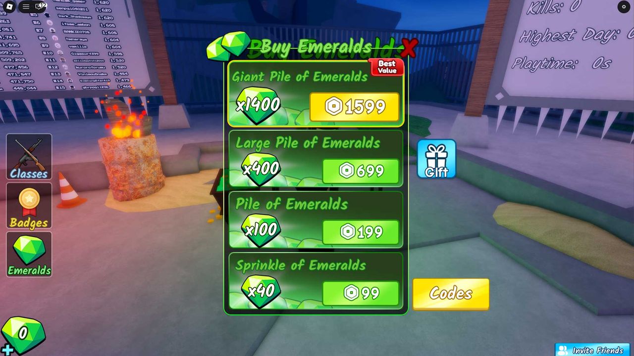 The menu for redeeming codes in Survive the Apocalypse, this one shows Emeralds you can buy