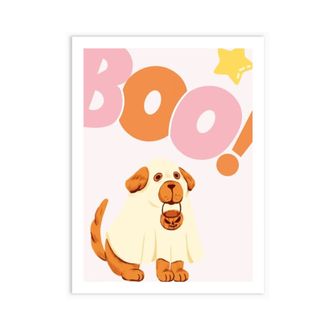 A wall art decoration that says 'boo!' with an illustrated dog