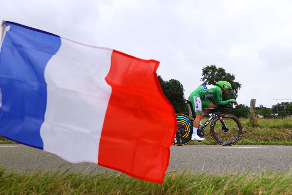 LAVAL ESPACE MAYENNE FRANCE JUNE 30 Mark Cavendish of The United Kingdom and Team Deceuninck QuickStep Green Points Jersey during the 108th Tour de France 2021 Stage 5 a 272km Individual Time Trial stage from Chang to Laval Espace Mayenne 90m Flag ITT LeTour TDF2021 on June 30 2021 in Laval Espace Mayenne France Photo by Tim de WaeleGetty Images