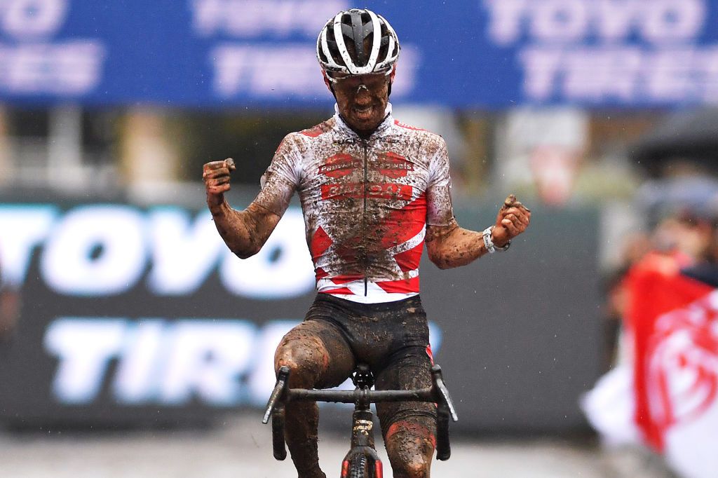 OVERIJSE BELGIUM OCTOBER 31 Eli Iserbyt of Belgium and Team Pauwels Sauzen Bingoal celebrates at finish line as race winner during the 62nd Druivencross Overijse UCI CycloCross Worldcup 2021 Mens Elite DruivencrossOverijse CXWorldCup UCIcyclocrossWC on October 31 2021 in Overijse Belgium Photo by Luc ClaessenGetty Images