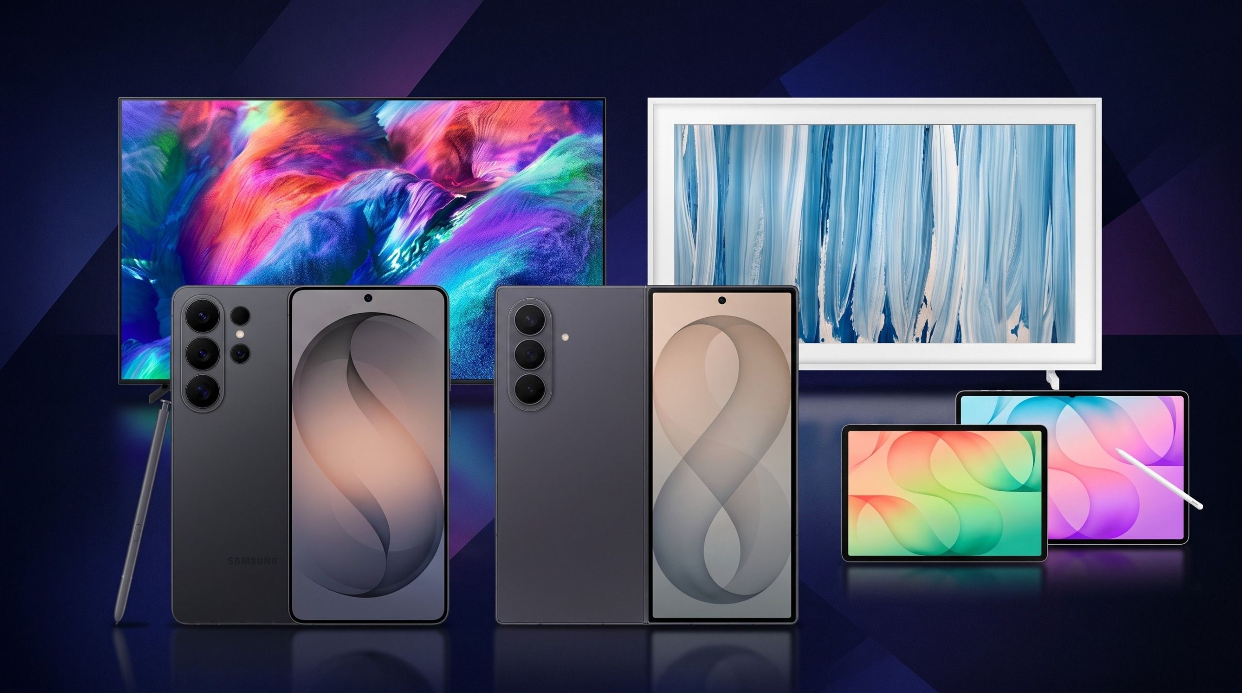 Photo: TechRadar A collage showing the Samsung Galaxy S26 Ultra, Galaxy Z Fold 8 Ultra, R85H TV, The Frame TV and Galaxy Tab S12 Ultra