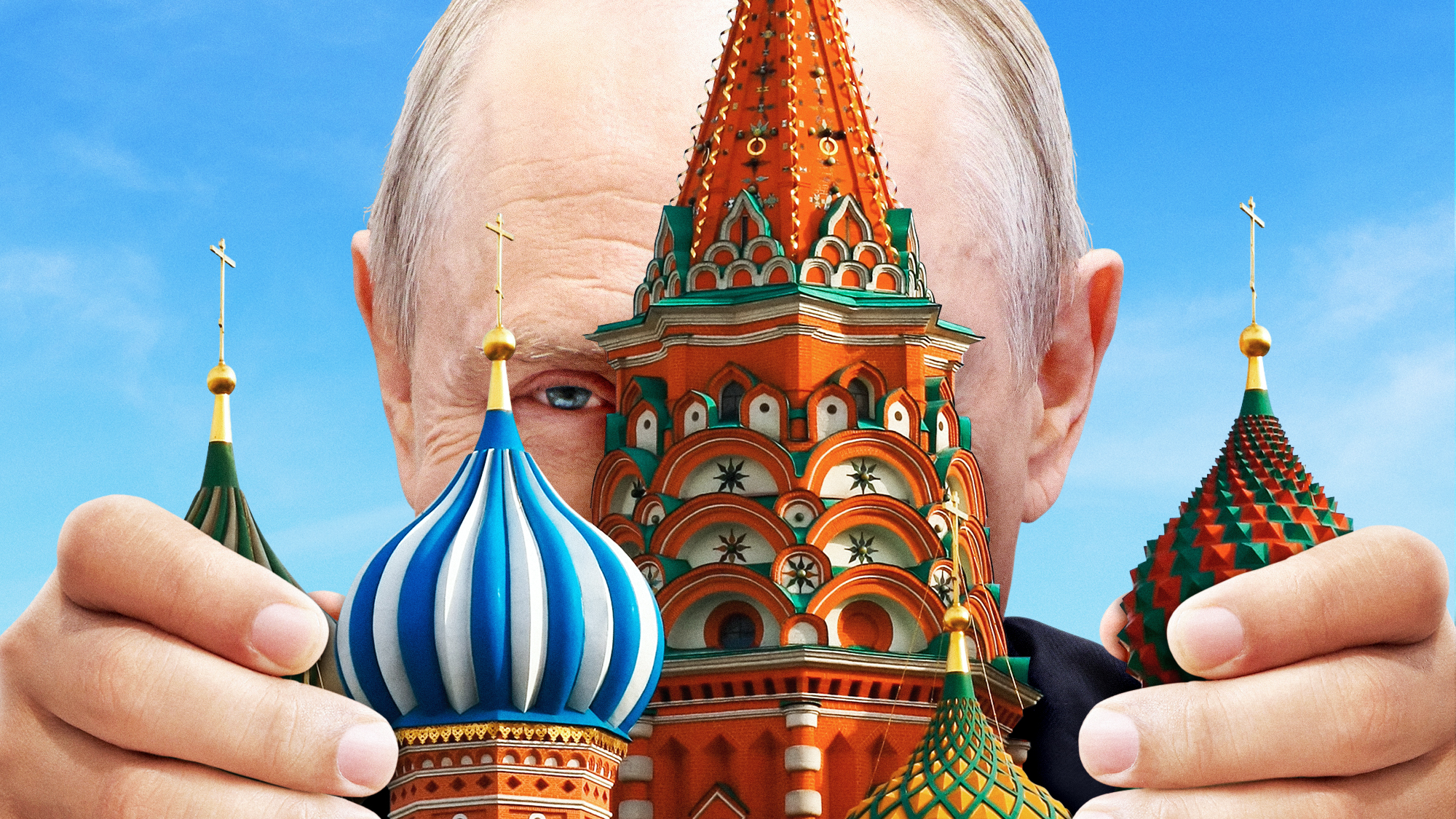 Illustration of Vladimir Putin gripping the turrets of St Basil's Cathedral