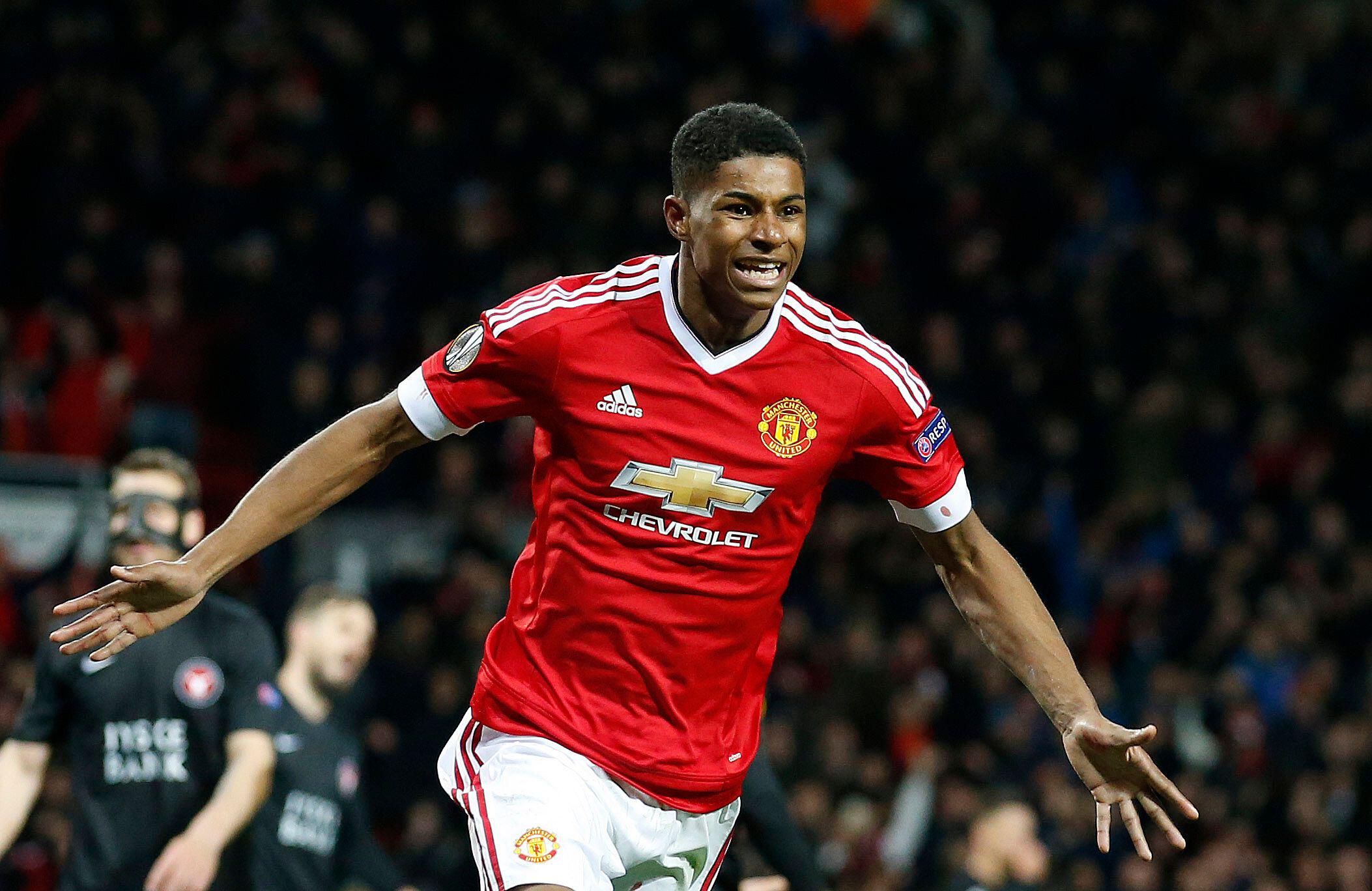 Marcus Rashford celebrates after scoring for Manchester United, 2016